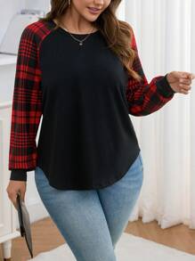 SHEIN LUNE SHEINLUNE Plus Size Women Christmas Valentine Party Casual Red Plaid Panel Sleeve T-Shirt, Everyday Wear, Long Sleeve Tops, New Years Women Outfit, Party,Spring