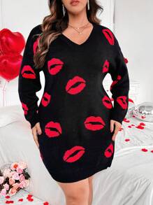 Flirla Oversized Romantic Valentine's Day Red Lips Print V-Neck Long Sleeve Sweater Dress - Black - View 5