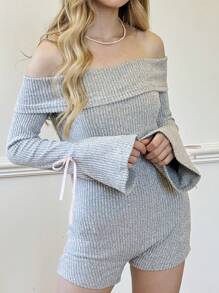 SHEIN Teen Girls Casual All-Match Off Shoulder Flare Sleeve Bowknot Jumpsuit, Versatile Style Suitable For Spring And Autumn, Great For Vacations - Grey - View 1
