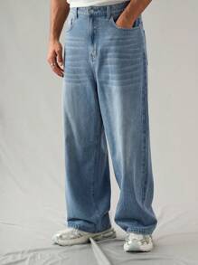 Manfinity Hypemode 男式浅蓝色宽松牛仔裤 - 淺色水洗藍 - 查看 4