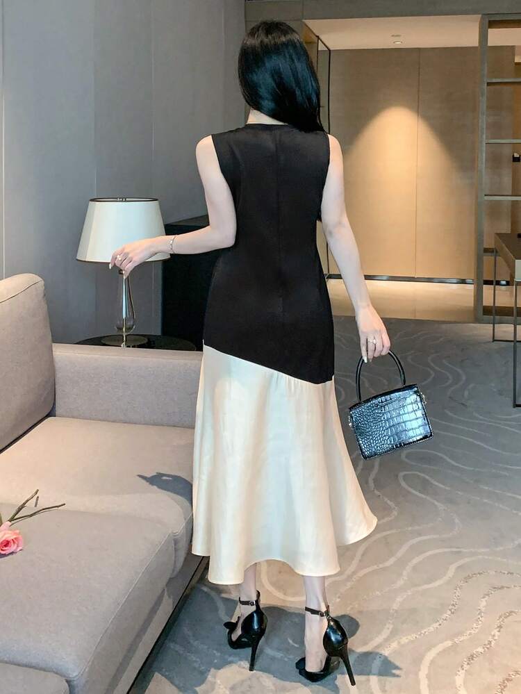 Sleeveless Color Block Ruffle Hem Mid-Length Dress For Women Prom Dress Sundress,Dress For Wedding Elegant Women Dresses Cocktail Dress