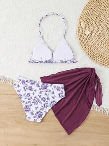 SHEIN Tween Girls' Floral Print Neck Tie Halter Bikini Set - Purple - View 2
