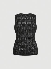 SHEIN MOD 大码女式蝴蝶结蕾丝边无袖针织上衣，秋冬 - 黑色 - 查看 2