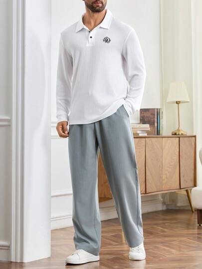 Manfinity Homme Men's Solid Color Front Lace-Up Pocket Casual Pants, Everyday Wear