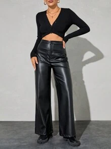 SHEIN Cottnline Women Wide Leg Pu Leather Pant With Pocket Detail - Black - View 6