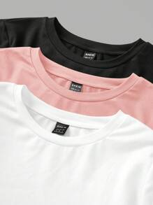 SHEIN EZwear 3 قطع / مجموعة قمصان نسائية ذات رقبة طاقم بتصميم مناسب للربيع/الخريف، سادة باللون الأسود والأبيض والوردي - متعدد الألوان - مشاهدة 4