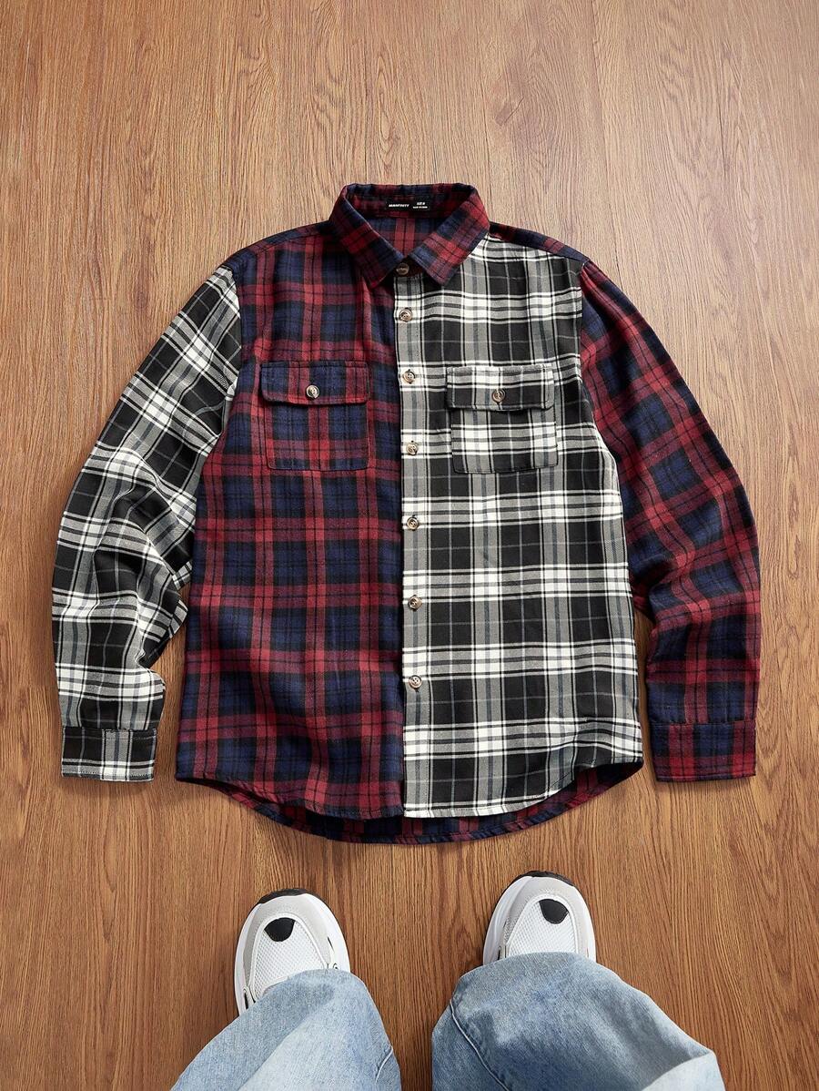 Manfinity VCAY Áo sơ mi nam cổ bẻ màu tương phản kẻ sọc, thích hợp mặc vào mùa thu, giáng sinh, cặp đôi, mặc hàng ngày linh hoạt - Đỏ - Xem 1