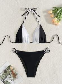 SHEIN Swim 女士夏季海滩拼色肩带双面系绳侧系带比基尼套装 - 黑與白 - 查看 1