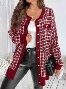 SHEIN Clasi 大码女式格子长袖单排扣长款休闲开衫，秋冬 - 酒紅色 - 查看 4