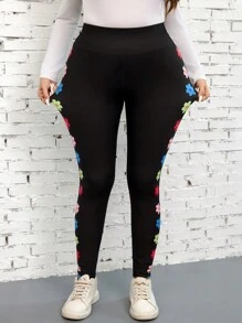 SHEIN LUNE Plus Size Women Floral Print Skinny Leggings, Sports & Casual Wear Vacation Outfits Woman Black Leggings Summer Outfits For Women