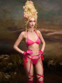 5pcs Women Sexy Lingerie Set With Garter Belts & Stockings - Hot Pink - View 5