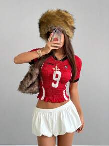 Coolane Women's Spring/Summer Y2K Sport Number Graphics Football Jersey Ruched Jersey T-Shirt - Red - View 6