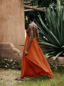 Maija Women's Versatile Orange Red Decoration Casual Urban Vacation Beach Outfit, Modern Loose Linen Color Shirt Collar Pleated Mid-Length Dress,Sun Dress Sun Dress All-Match Summer Clothing For All Seasons, Modern Holiday Fashion Design, Comfortable Beach Beach Clothing, Bohemian Style, Isabi Island Holiday Wear, Summer Dopamine Holiday Wear, Ins Same Style Holiday Style, Exotic Atmosphere, Country Concert, Western Style Clothing Modern Holiday Bohemian Casual Women's Wear With Large Skirt And Pleated Design - Orange - View 7