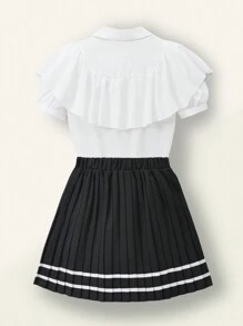 SHEIN Explorewe 两件套校服套装：短款泡泡袖衬衫和拼色百褶迷你裙，适合青春期女孩 - 黑與白 - 查看 8