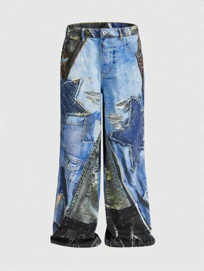 Grunge Punk Men's Front Button Pocket Simple Casual Printed Jeans, Streetwear