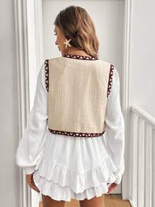 SHEIN Frenchy Women Rodeo Floral Pattern Button-Front Vest Jacket, Autumn/Winter Christmas Flower Red New Year Vacation Burgundy Casual Spring Valentine's Day - Burgundy - View 2