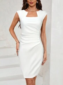 SHEIN Clasi Women's Solid Color Simple Ruched Casual Short Fitted Dress - White - View 3