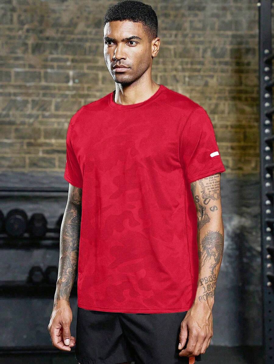 Manfinity Sport Corelite 男士迷彩印花圆领短袖休闲运动T恤健身上衣健身房上衣圣诞节透气 - 紅色 - 查看 1