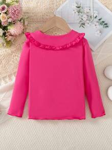 Young Girl Young Girl Solid Color Peter Pan Collar Ruffle Hem Long Sleeve Thin Under Shirt, Fashionable Top For Spring & Autumn