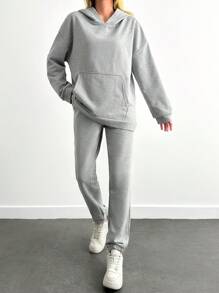 RueChic 100%Cotton Drop Shoulder Hoodie & Sweatpants - Light Grey - View 3