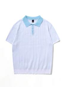 Chillumni Polo à manches courtes casual en tricot, col contrasté pour hommes - Bleu et Blanc - Voir 1