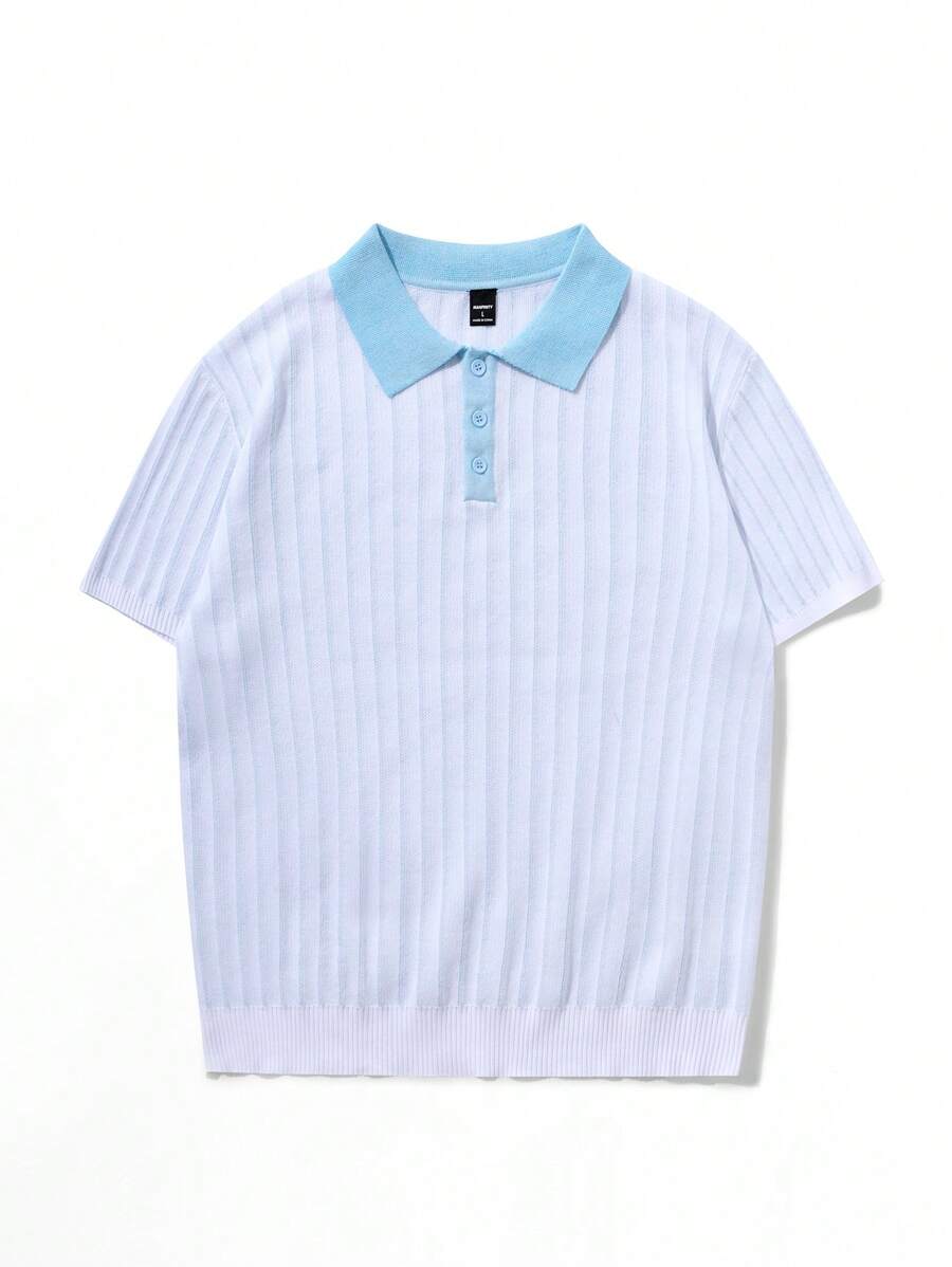 Chillumni Polo à manches courtes casual en tricot, col contrasté pour hommes - Bleu et Blanc - Voir 1