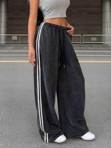 Muchica Women's Retro Distressed Snowflake Side Strap Loose Fit Casual Sports Pants