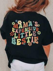 SHEIN Young Girls' Cute Letter Pattern Short Sleeve T-Shirt - Black - View 1