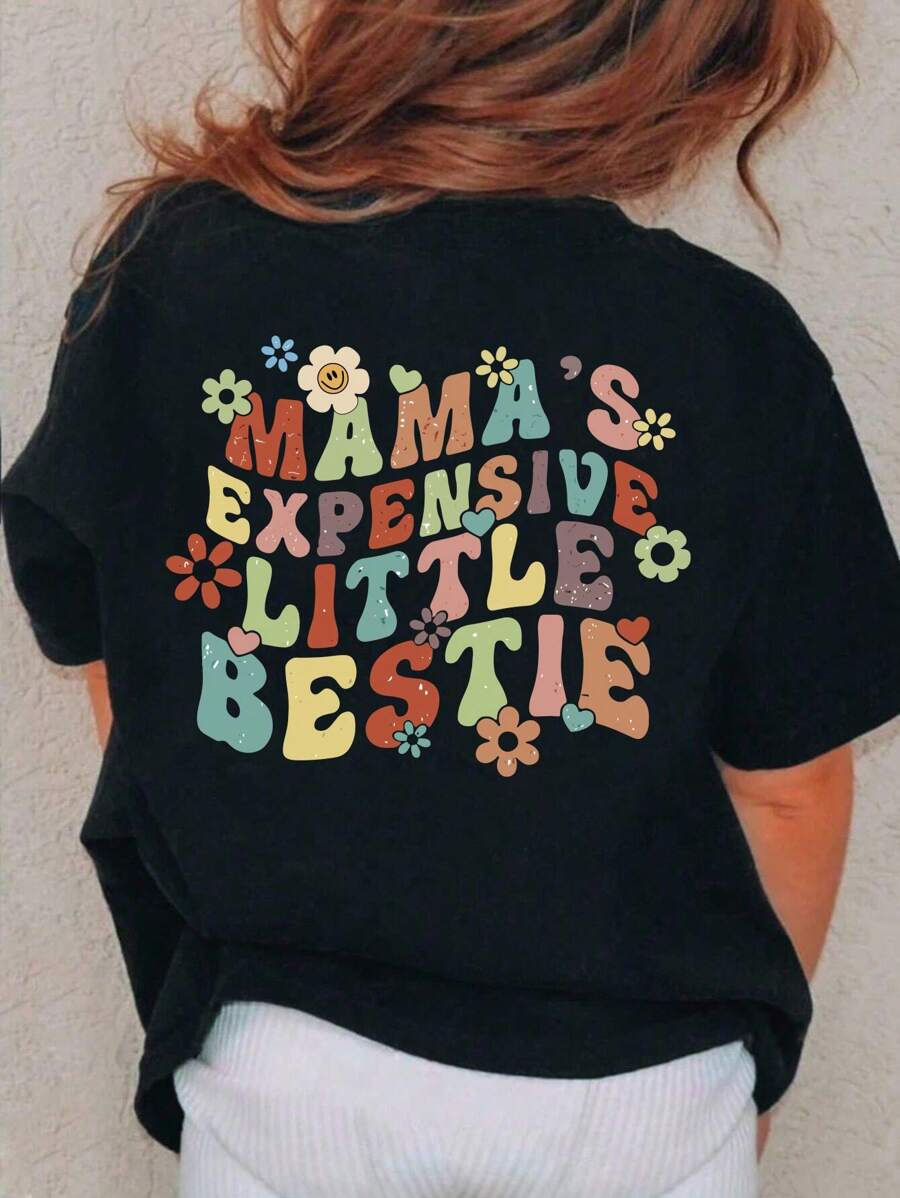 SHEIN Young Girls' Cute Letter Pattern Short Sleeve T-Shirt - Black - View 1