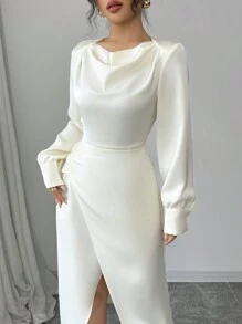 Elenzga Vestido feminino com decote drapeado e bainha cruzada - Champagne - Ver 4