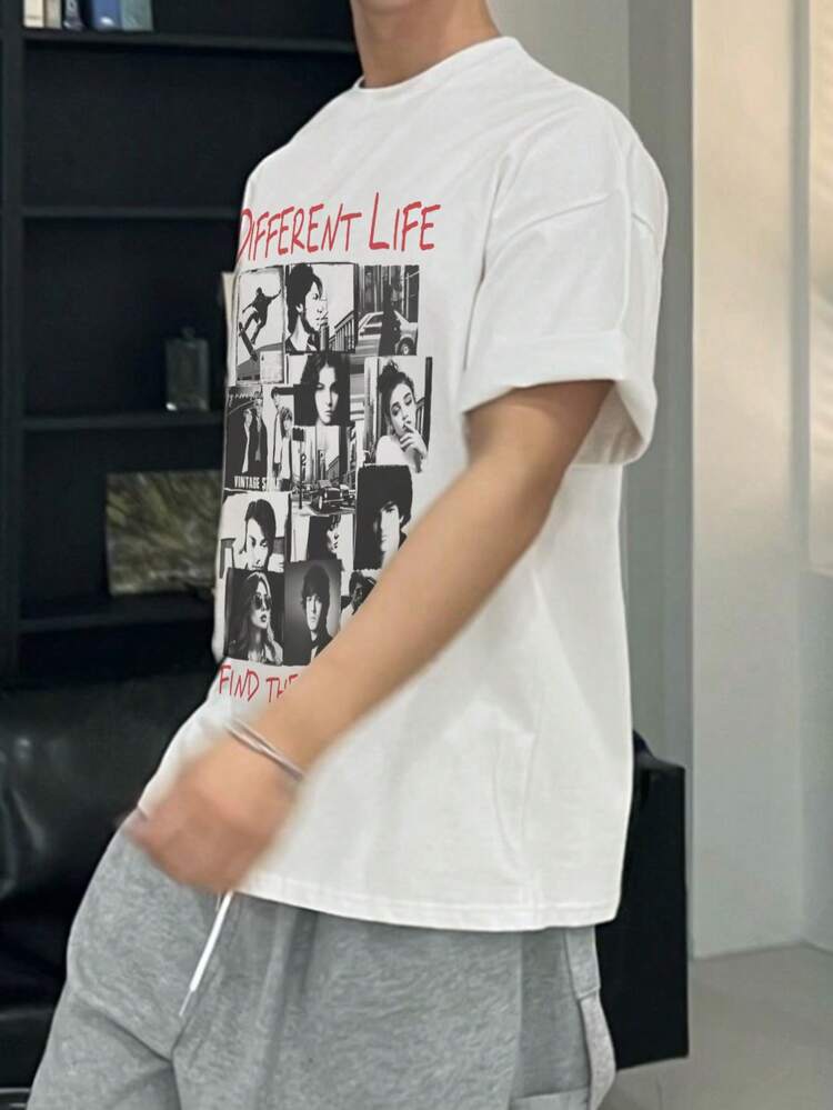 Men's Oversized Graphic Letter Print Street Casual T-Shirt,Fall Clothes