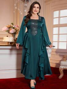 Al Najma 全新时尚方领长袖刺绣亮片侧系腰修身连衣裙 - 墨綠色 - 查看 5