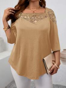 EMERY ROSE Große Größen Damen Lehrerin Kleidung Locker Sitzende Mesh-Kontrast 3/4 Ärmel T-Shirt, Frühling/Sommer