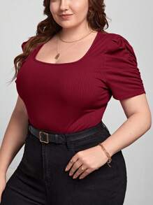 SHEIN Privé Plus Size Solid Square Neck Short Sleeve Simple Casual Top - Burgundy - View 1