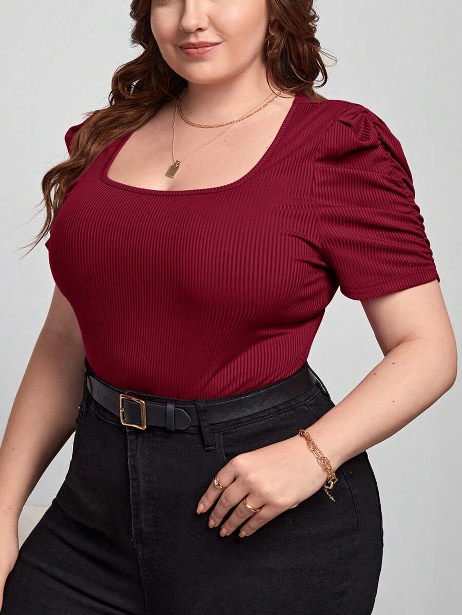 SHEIN Privé Plus Size Solid Square Neck Short Sleeve Simple Casual Top - Burgundy - View 1