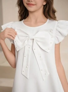Tween Girls Round Neck Bow Faux Pearl Beaded Cap Sleeve A-Line Dress, Cute & Playful, Ruffled & , Suitable For Valentine's Day, Wedding, Birthday Party, Flower Girl & Bridesmaid, Casual - White - View 5