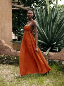 Maija Women's Versatile Orange Red Decoration Casual Urban Vacation Beach Outfit, Modern Loose Linen Color Shirt Collar Pleated Mid-Length Dress,Sun Dress Sun Dress All-Match Summer Clothing For All Seasons, Modern Holiday Fashion Design, Comfortable Beach Beach Clothing, Bohemian Style, Isabi Island Holiday Wear, Summer Dopamine Holiday Wear, Ins Same Style Holiday Style, Exotic Atmosphere, Country Concert, Western Style Clothing Modern Holiday Bohemian Casual Women's Wear With Large Skirt And Pleated Design - Orange - View 6