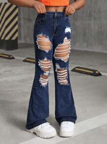 SHEIN Tween Girl Y2K Solid Washed Ripped Flared Denim Jeans, Fall Clothes Back To School Streetwear - Dark Wash - View 5