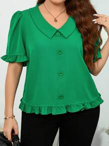 SHEIN Clasi Plus Size Plain Front Button Short Sleeve Casual Pleated Shirt - Green - View 7
