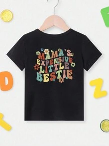 SHEIN Young Girls' Cute Letter Pattern Short Sleeve T-Shirt - Black - View 3