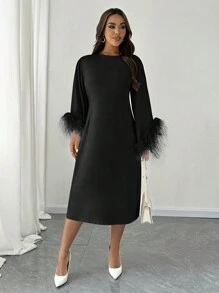 Vionelle Đầm dài tay họa tiết lông thẳng tay loe thanh lịch cỡ lớn cho nữ - màu đen - Xem 4