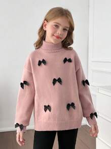 LMoss Kids LMoss Tween 女童休闲贴身高领纹理粗针织毛衣，甜美粉色 - 粉色 - 查看 6