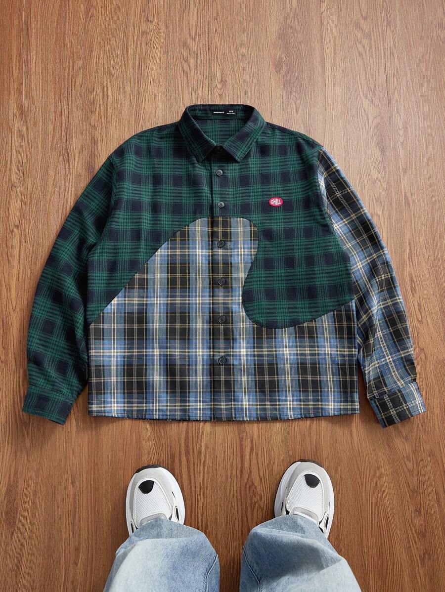 Manfinity VCAY Áo sơ mi nam dài tay kẻ sọc dệt chắp vá, thời trang mặc hàng ngày - màu xanh lá - Xem 1