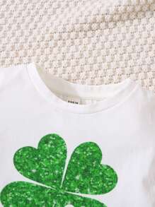 SHEIN Leap Crew Bộ 2 áo thun dệt kim Clover thường ngày cho bé gái và quần ống loe dệt kim - Nhiều màu - Xem 5