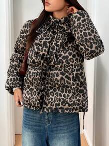 SHEIN EZwear Women's Winter Tie-Neck Long Sleeve Leopard Printed Woven  Padded Coat - Mocha Brown - View 1