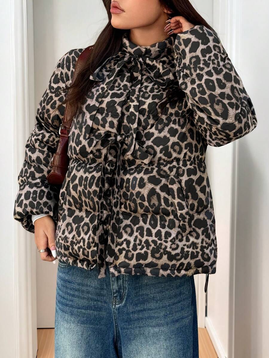 SHEIN EZwear Women's Winter Tie-Neck Long Sleeve Leopard Printed Woven Padded Coat - Mocha Brown - View 1