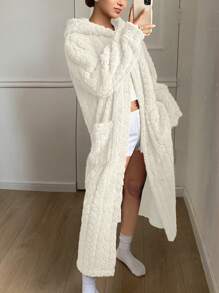 DAZY Minimalist Textured Flannel Hooded Bath Robe, Thick & Warm For Winter - White - View 8