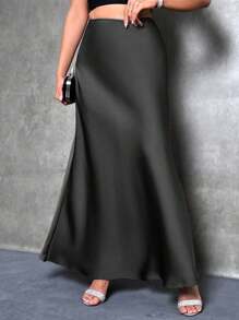 SHEIN Tall Women Black Satin A-Line Skirt Women Skirts Long, Elegant Skirt