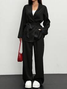 Siren Gaze Women's Striped Wrap Casual Kimono Suit Set, Elegant Office/Commuting 2 Pieces Suit,Black,Office Siren Set In Fall/Winter Formal - Black - View 5