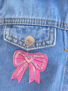 SHEIN Tween Girls Embroidered Patch Bomber Jacket & Denim Skirt 2 Pieces Set, Pre- - Light Wash - View 6